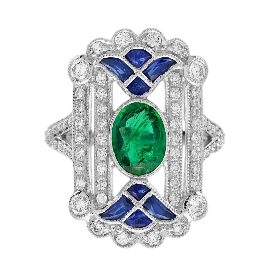Oval Shape Green Emerald & Sapphire Diamond Art Deco Egyptian Style White Ring