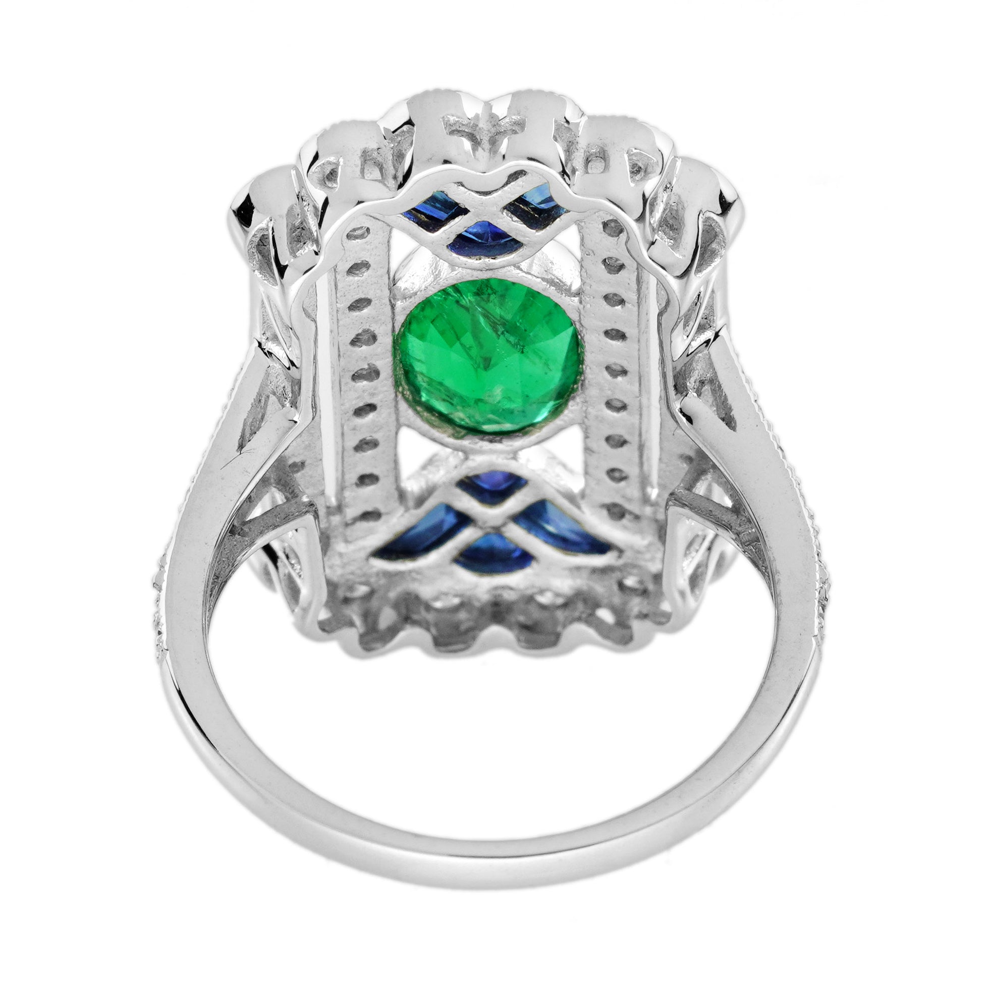 Oval Shape Green Emerald & Sapphire Diamond Art Deco Egyptian Style White Ring