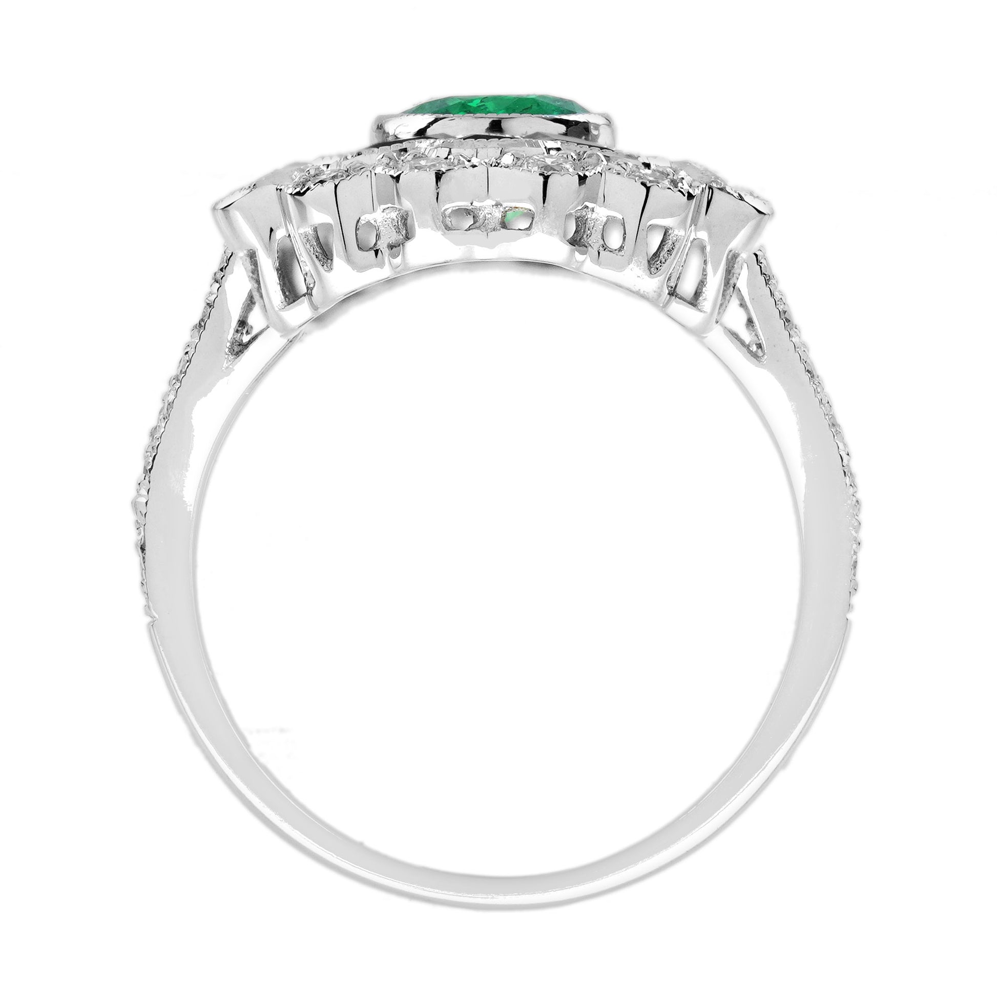 Oval Shape Green Emerald & Sapphire Diamond Art Deco Egyptian Style White Ring