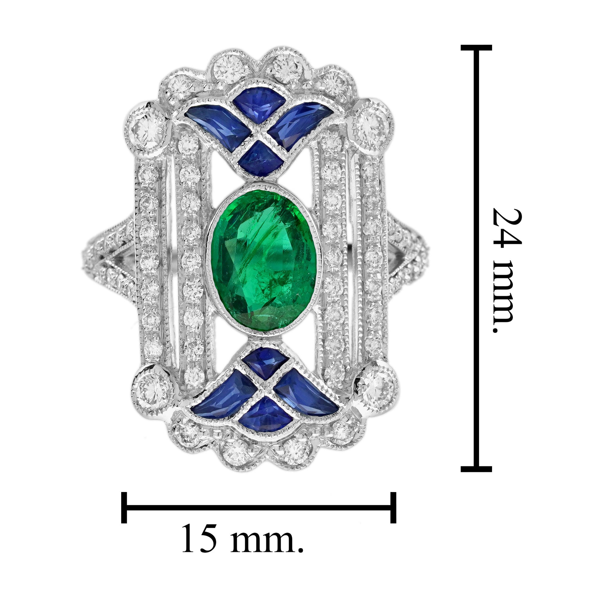 Oval Shape Green Emerald & Sapphire Diamond Art Deco Egyptian Style White Ring
