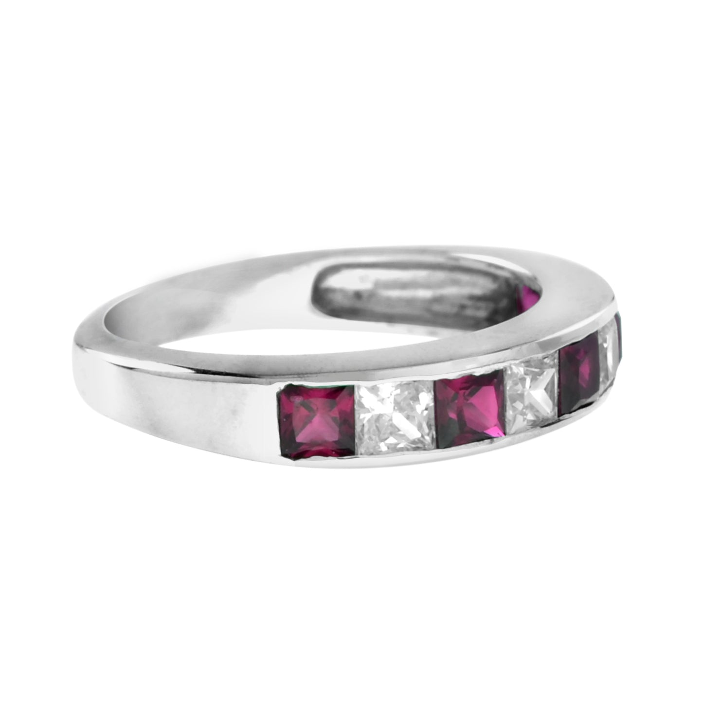 square princess cut red ruby & diamond channel set half eternity band gold ring