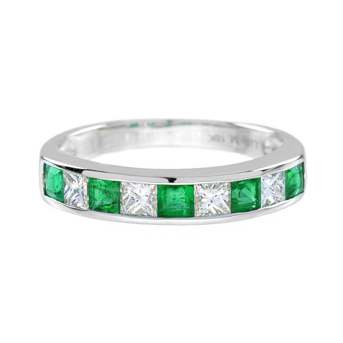 Square Princess Cut Green Emerald & Diamond Channel Half Eternity 14KW Gold Band