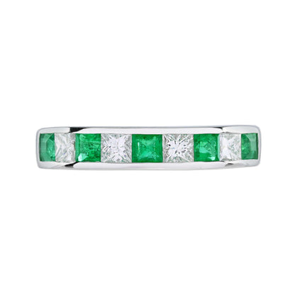 Square Princess Cut Green Emerald &amp; Diamond Channel Half Eternity 14KW Gold Band