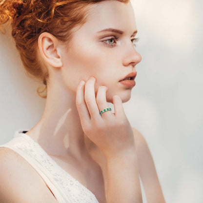 Square Princess Cut Green Emerald &amp; Diamond Channel Half Eternity 14KW Gold Band