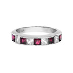 Square Princess Cut Red Ruby & Diamond Channel Set Half Eternity Band Gold Ring