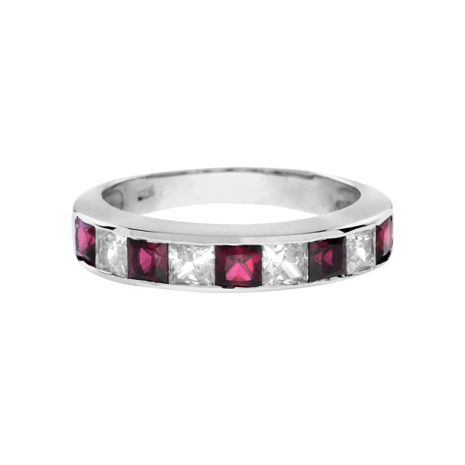 Square Princess Cut Red Ruby &amp; Diamond Channel Set Half Eternity Band Gold Ring