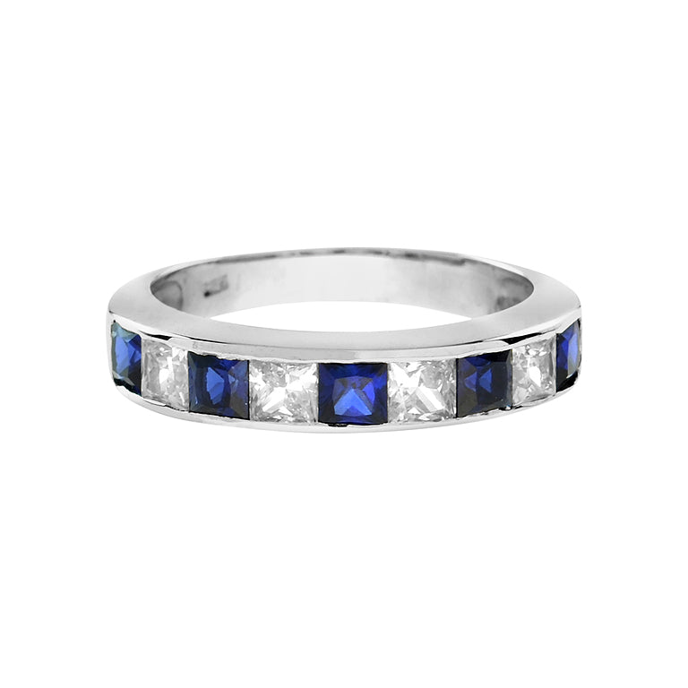 Square Princess Cut Blue Sapphire Diamond Channel Set Half Eternity Band Ring