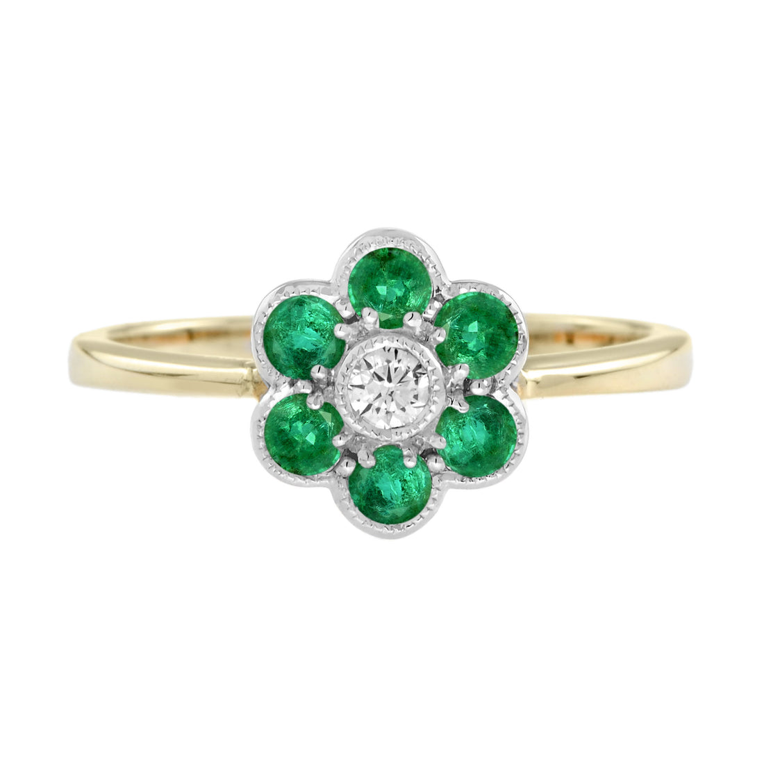 Diamond & Emerald Floral Cluster Two Tone Gold Ring
