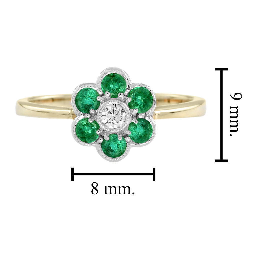 Diamond & Emerald Floral Cluster Two Tone Gold Ring