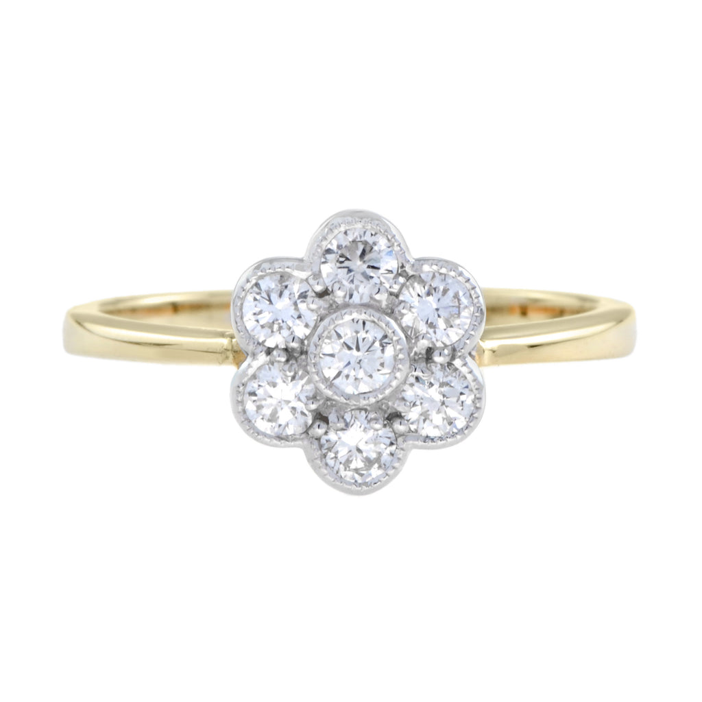 Fleur Floral Cluster Diamonds Ring & Earrings 14K Yellow Gold Halo Matching Set