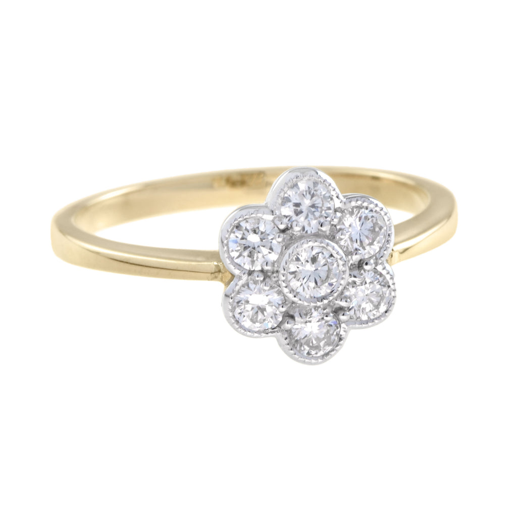 Fleur Floral Cluster Diamonds Ring & Earrings 14K Yellow Gold Halo Matching Set