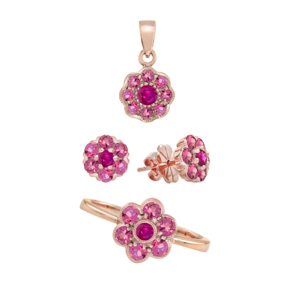 Red Ruby &amp; Pink Tourmaline Floral Vintage Inspired Jewelry 14K Rose Gold Set