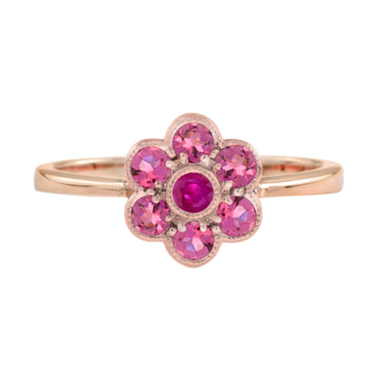 Red Pink Round Floral Flower Cluster 14K Rose Gold Ring