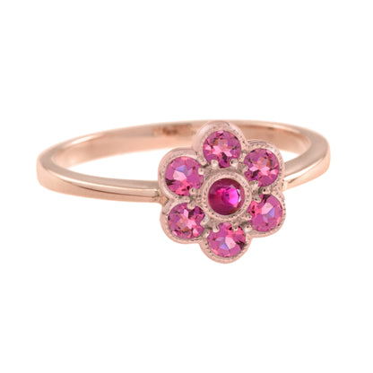 Red Pink Round Floral Flower Cluster 14K Rose Gold Ring