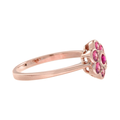 Red Pink Round Floral Flower Cluster 14K Rose Gold Ring