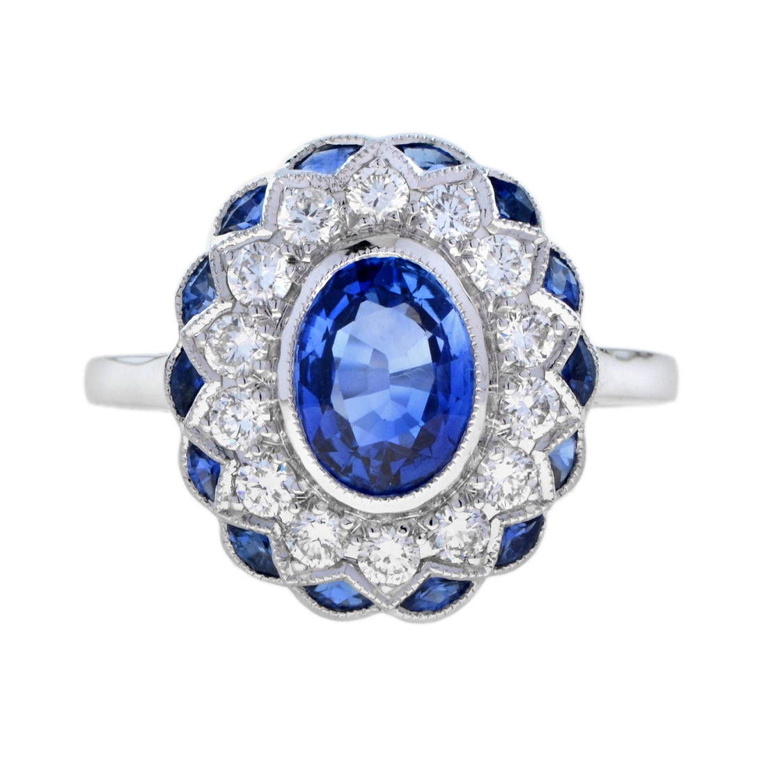 Oval Cut Blue Sapphire & Diamond Art Deco Style Halo Set 18K White Gold Ring