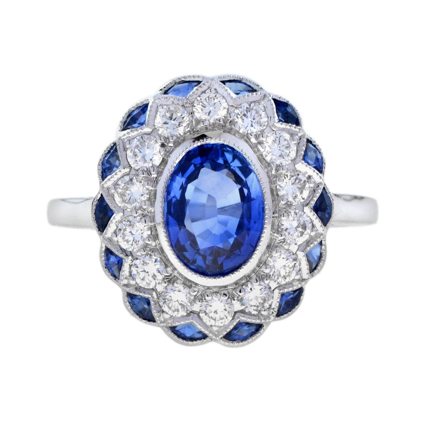 oval cut blue sapphire & diamond art deco style halo set 18k white gold ring