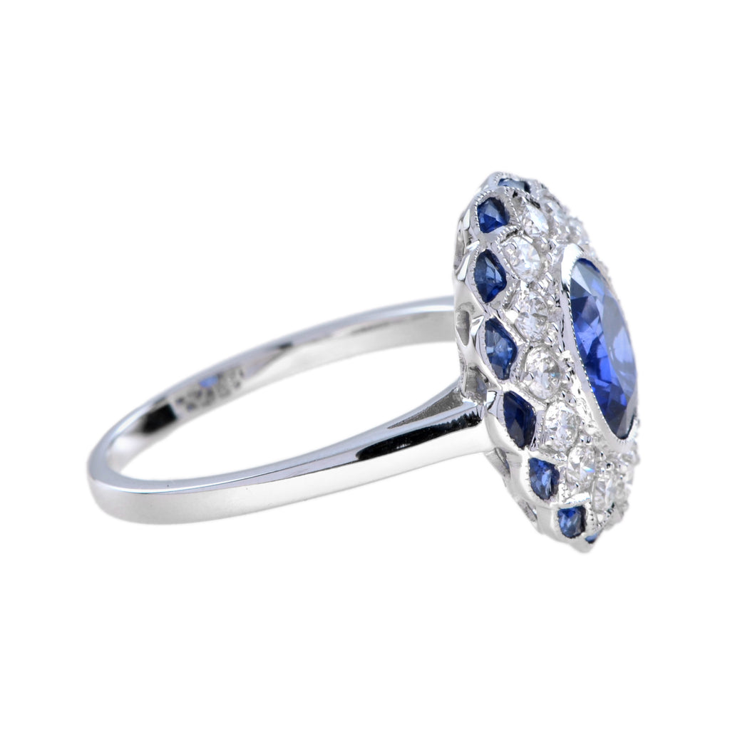 Oval Cut Blue Sapphire & Diamond Art Deco Style Halo Set 18K White Gold Ring