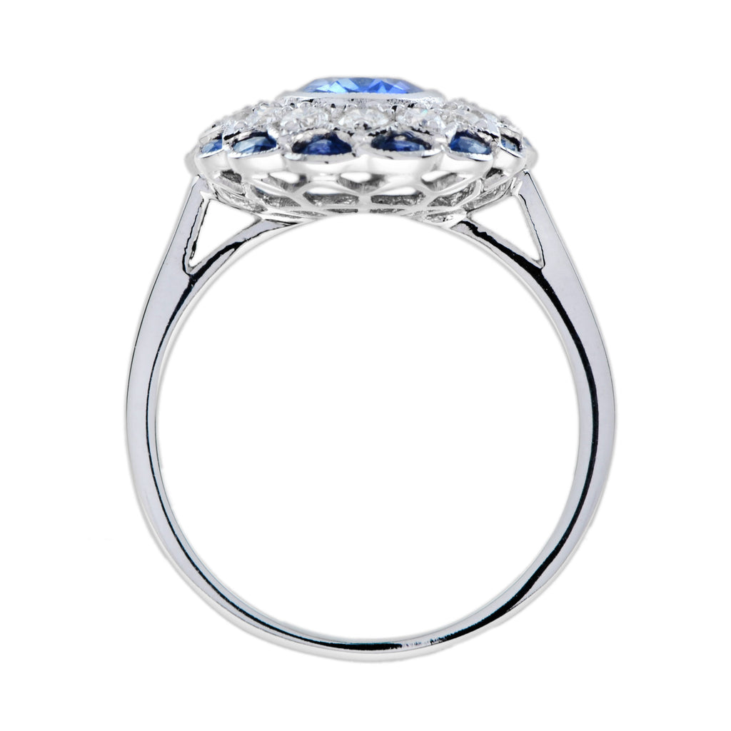 Oval Cut Blue Sapphire & Diamond Art Deco Style Halo Set 18K White Gold Ring