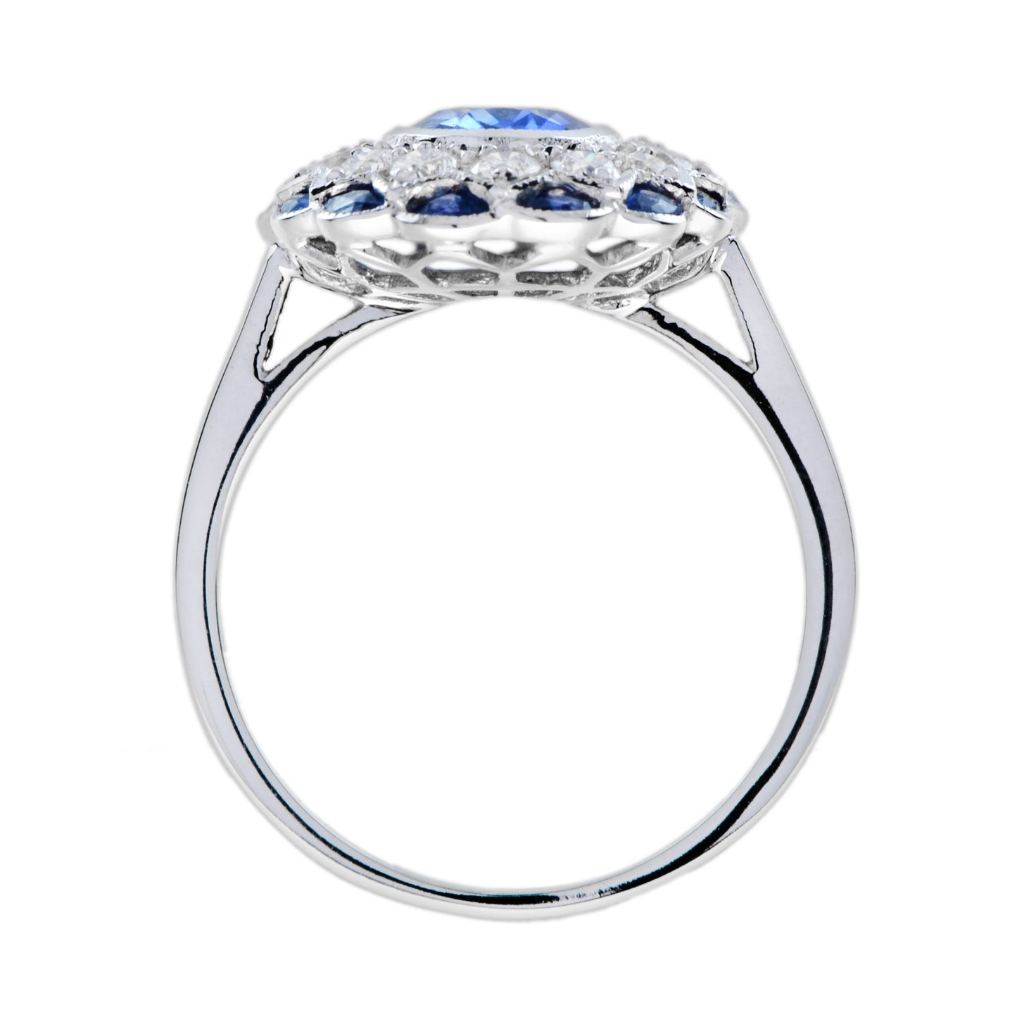 oval cut blue sapphire & diamond art deco style halo set 18k white gold ring