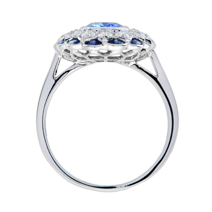 Oval Cut Blue Sapphire & Diamond Art Deco Style Halo Set 18K White Gold Ring