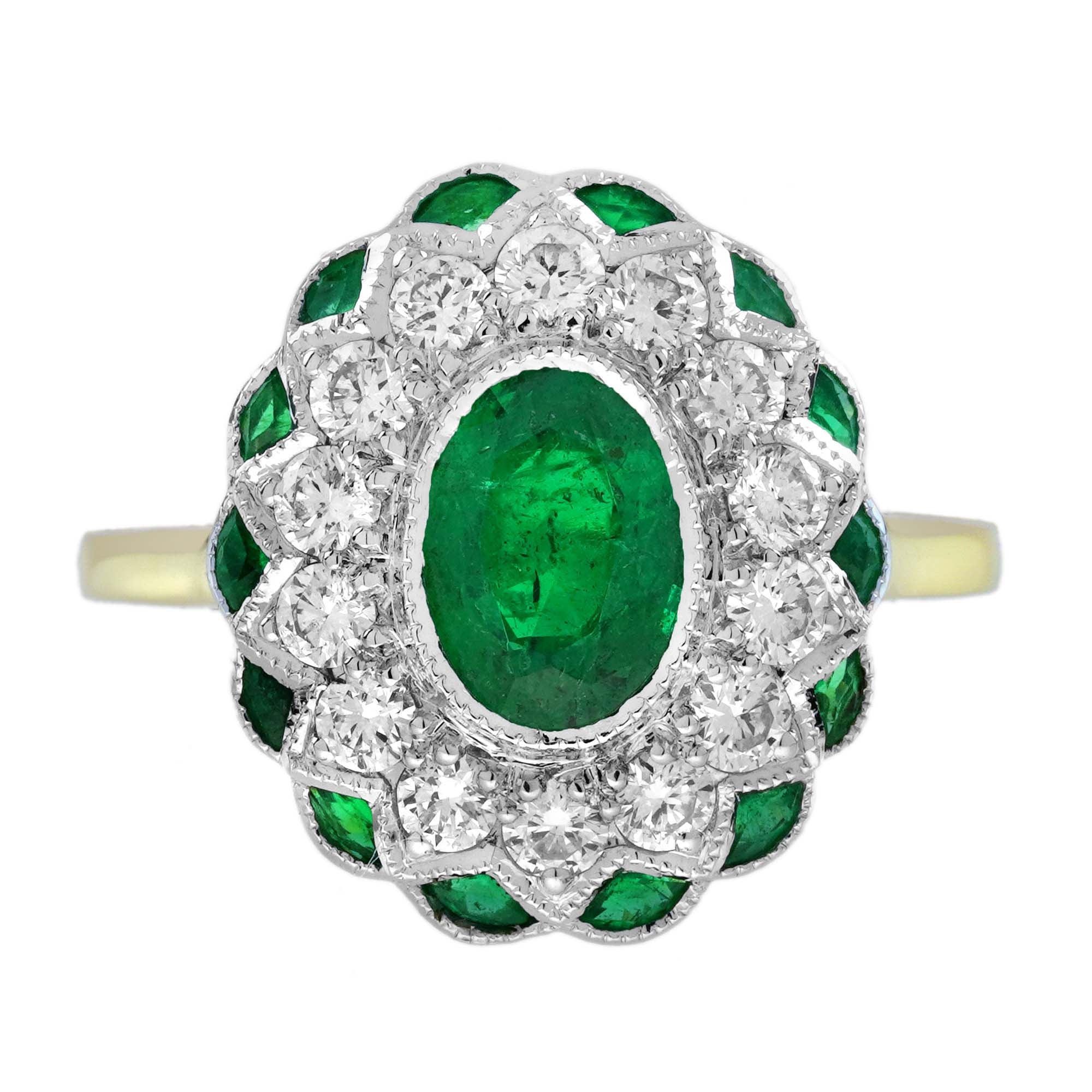 Oval Green Emerald &amp; Diamond Halo Set Art Deco Style Floral 18K Gold Ring