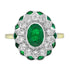 Oval Green Emerald & Diamond Halo Set Art Deco Style Floral 18K Gold Ring