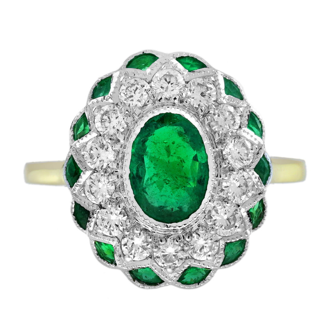 Oval Green Emerald Diamond Vintage Inspired Art Deco Style Floral Two Gold Ring