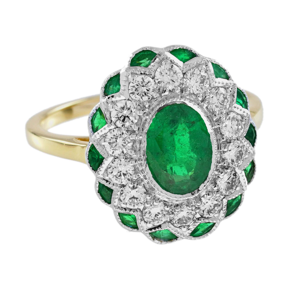 Oval Green Emerald &amp; Diamond Halo Set Art Deco Style Floral 18K Gold Ring