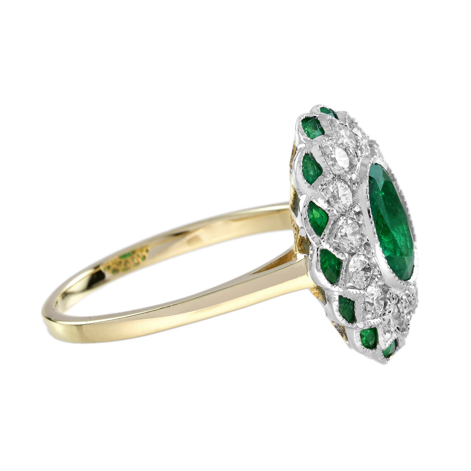 Oval Green Emerald &amp; Diamond Halo Set Art Deco Style Floral 18K Gold Ring