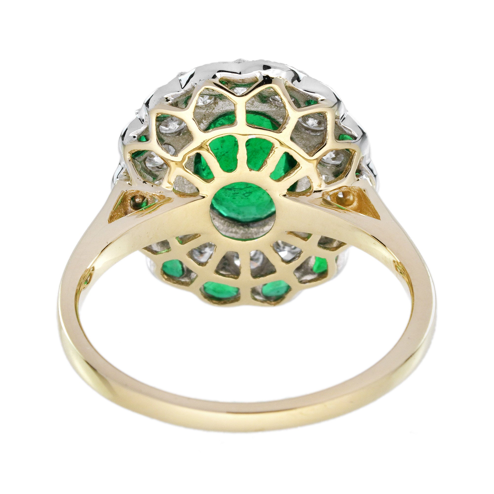 Oval Green Emerald &amp; Diamond Halo Set Art Deco Style Floral 18K Gold Ring