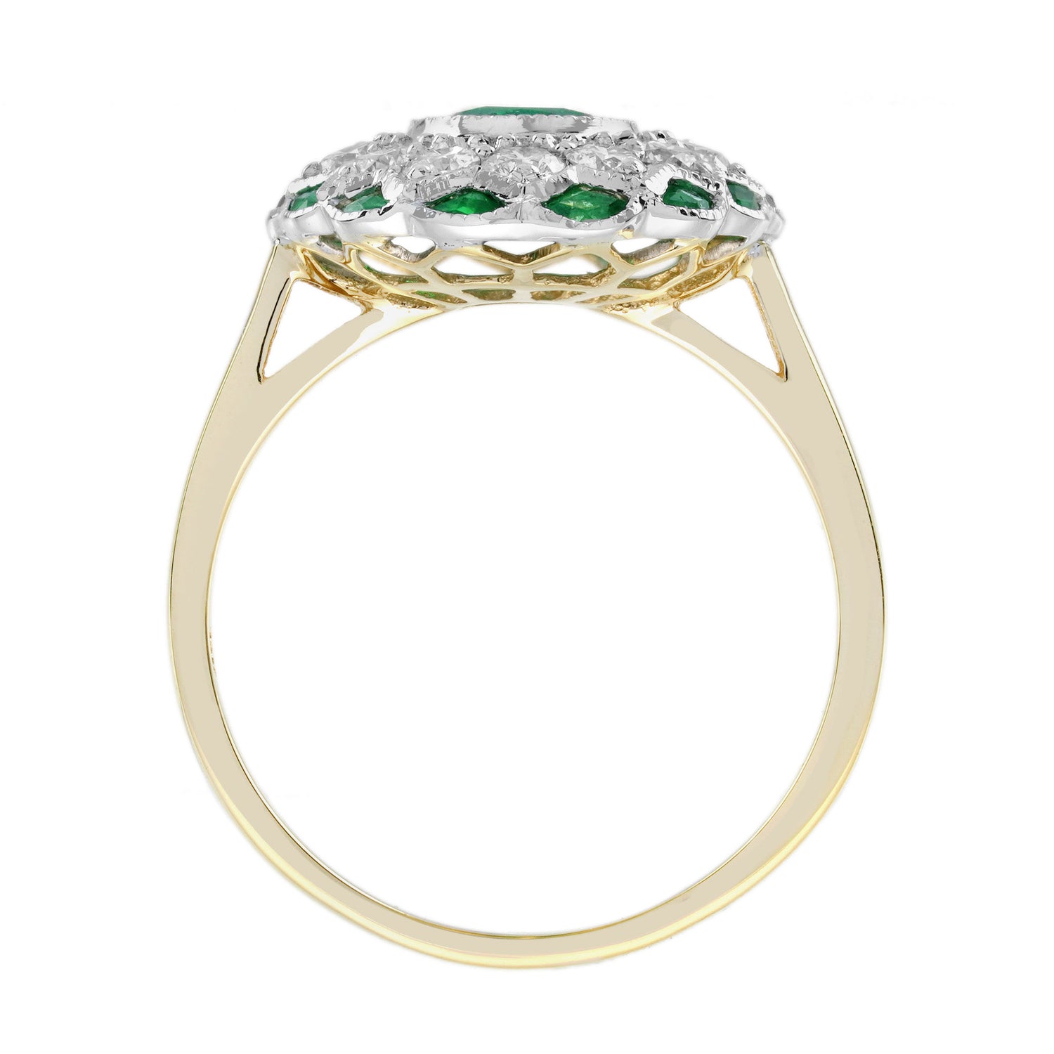 Oval Green Emerald &amp; Diamond Halo Set Art Deco Style Floral 18K Gold Ring
