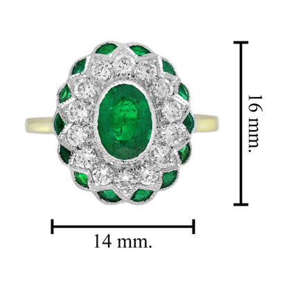 Oval Green Emerald &amp; Diamond Halo Set Art Deco Style Floral 18K Gold Ring