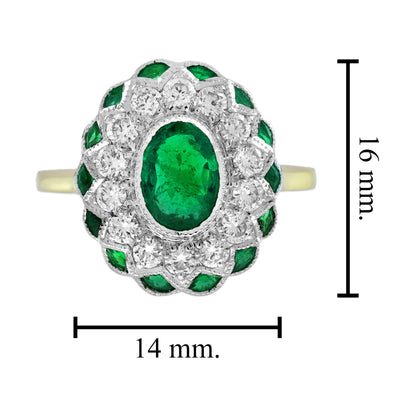Oval Green Emerald Diamond Vintage Inspired Art Deco Style Floral Two Gold Ring