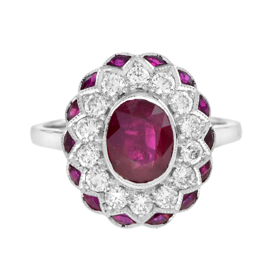 Oval Shape Natural Siamese Ruby &amp; Diamond Flower Halo 18K White Gold Ring