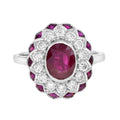 Oval Shape Natural Siamese Ruby & Diamond Flower Halo 18K White Gold Ring