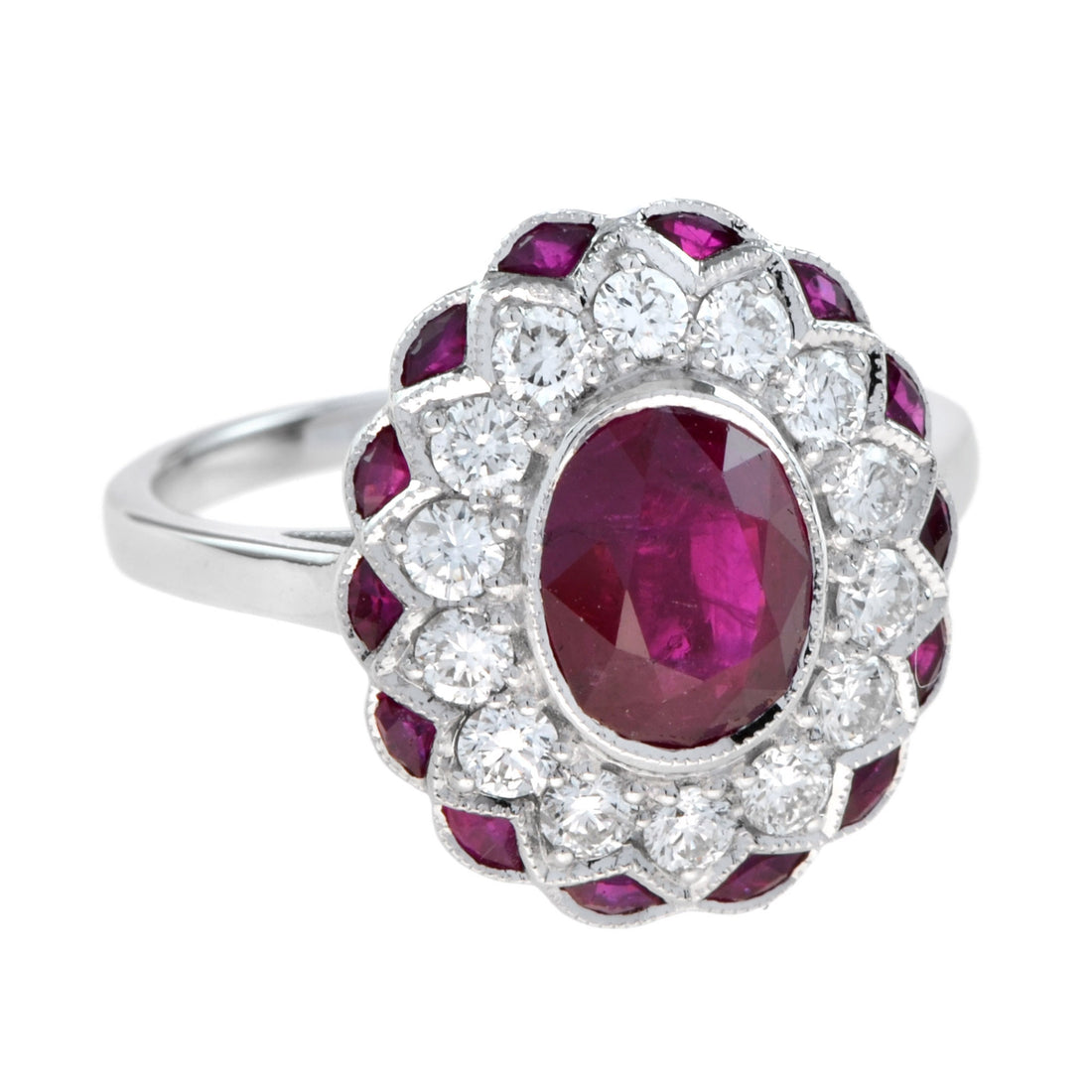Oval Shape Natural Siamese Ruby &amp; Diamond Flower Halo 18K White Gold Ring