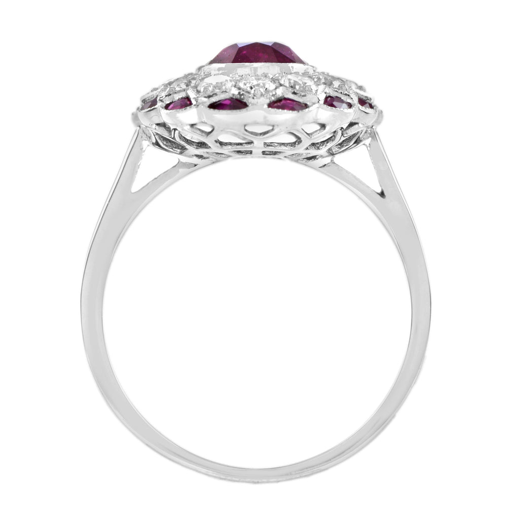 Oval Shape Natural Siamese Ruby & Diamond Flower Halo 18K White Gold Ring