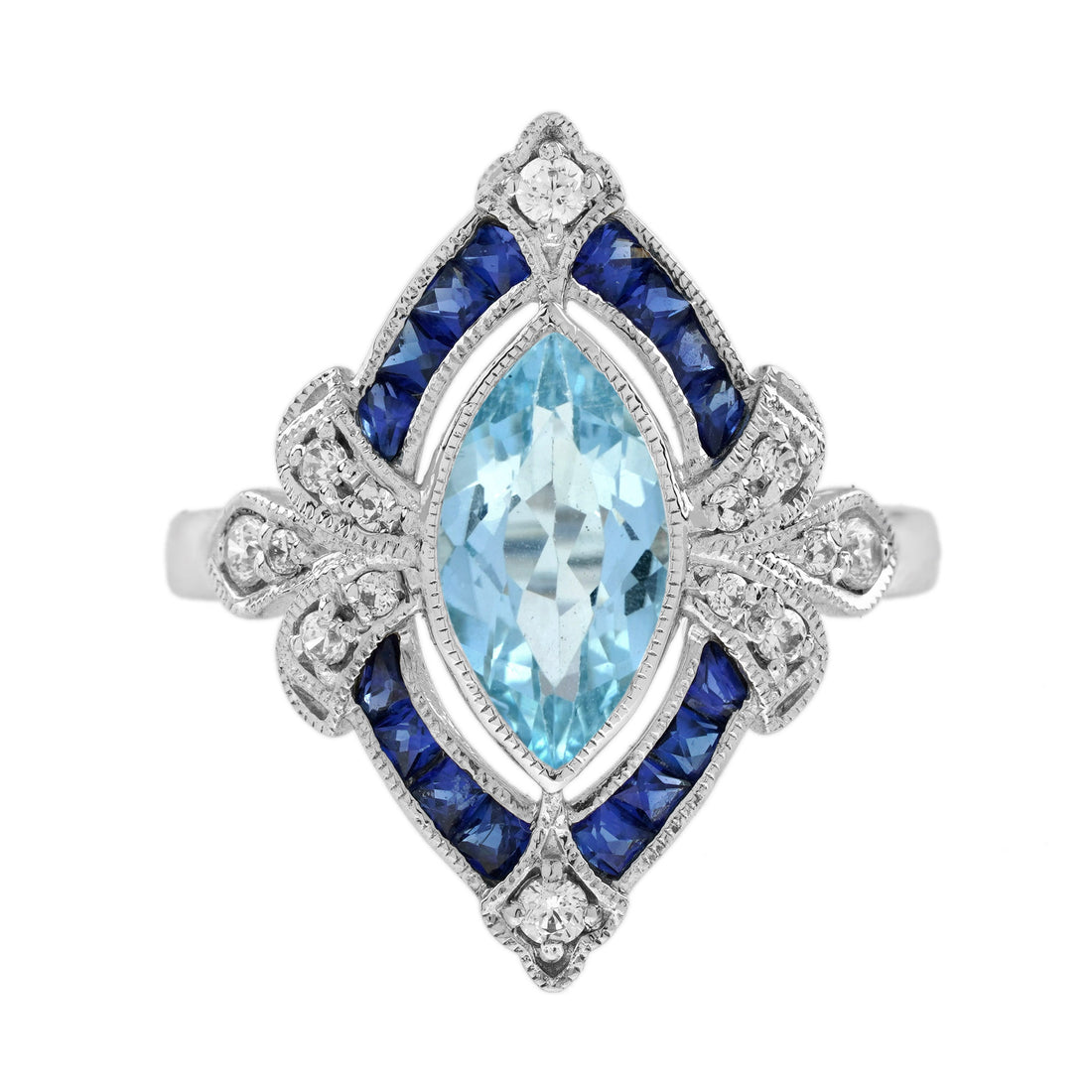 Marquise Blue Aquamarine Sapphire Diamond Edwardian Style White Gold Ring