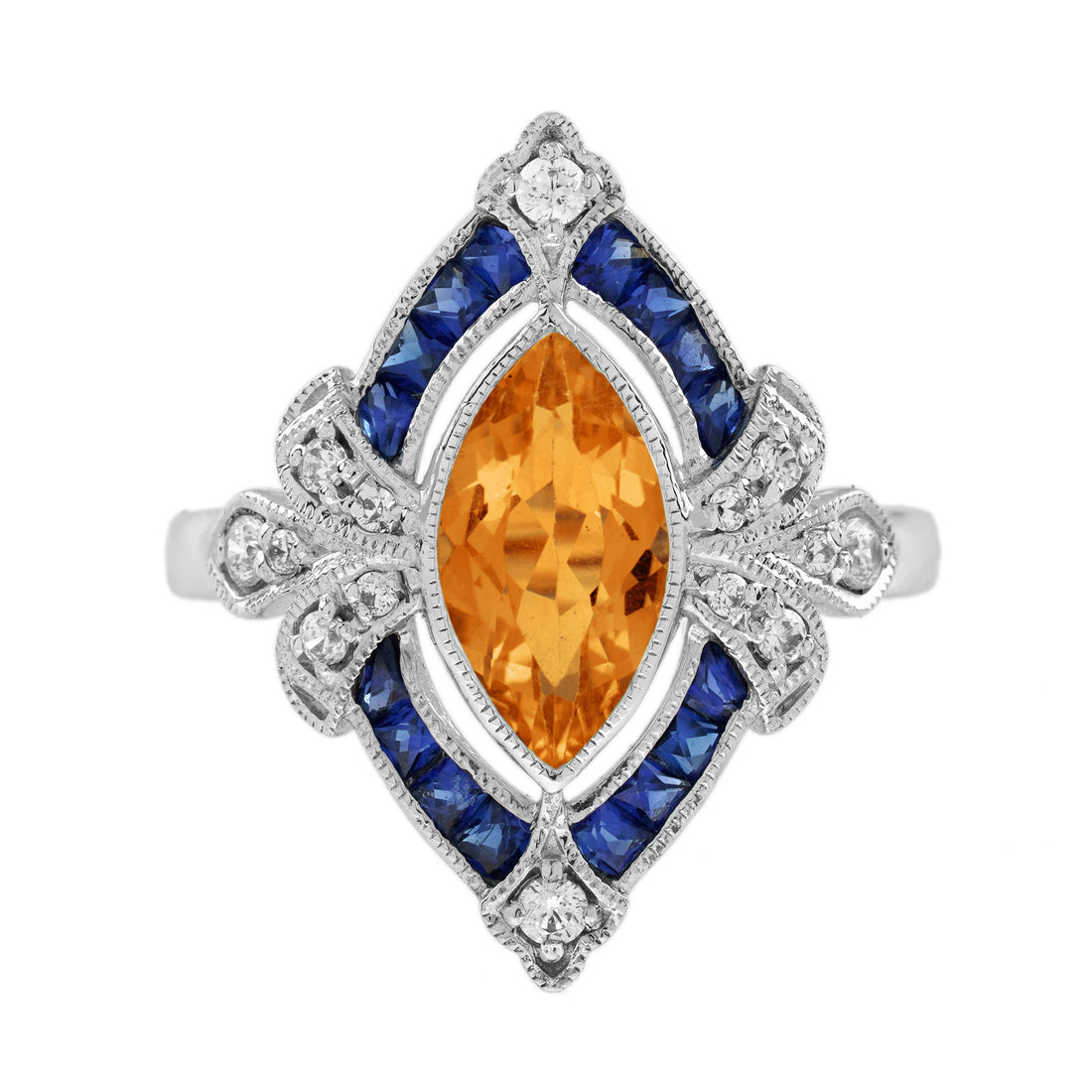 Marquise Orange Citrine & Blue Sapphire Diamond Vintage Style White Gold Ring