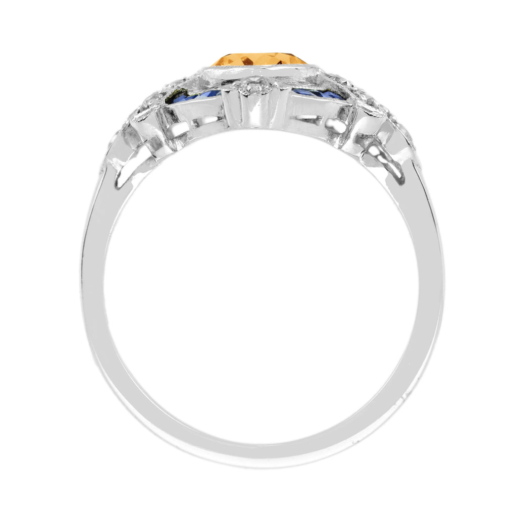 Marquise Orange Citrine & Blue Sapphire Diamond Vintage Style White Gold Ring
