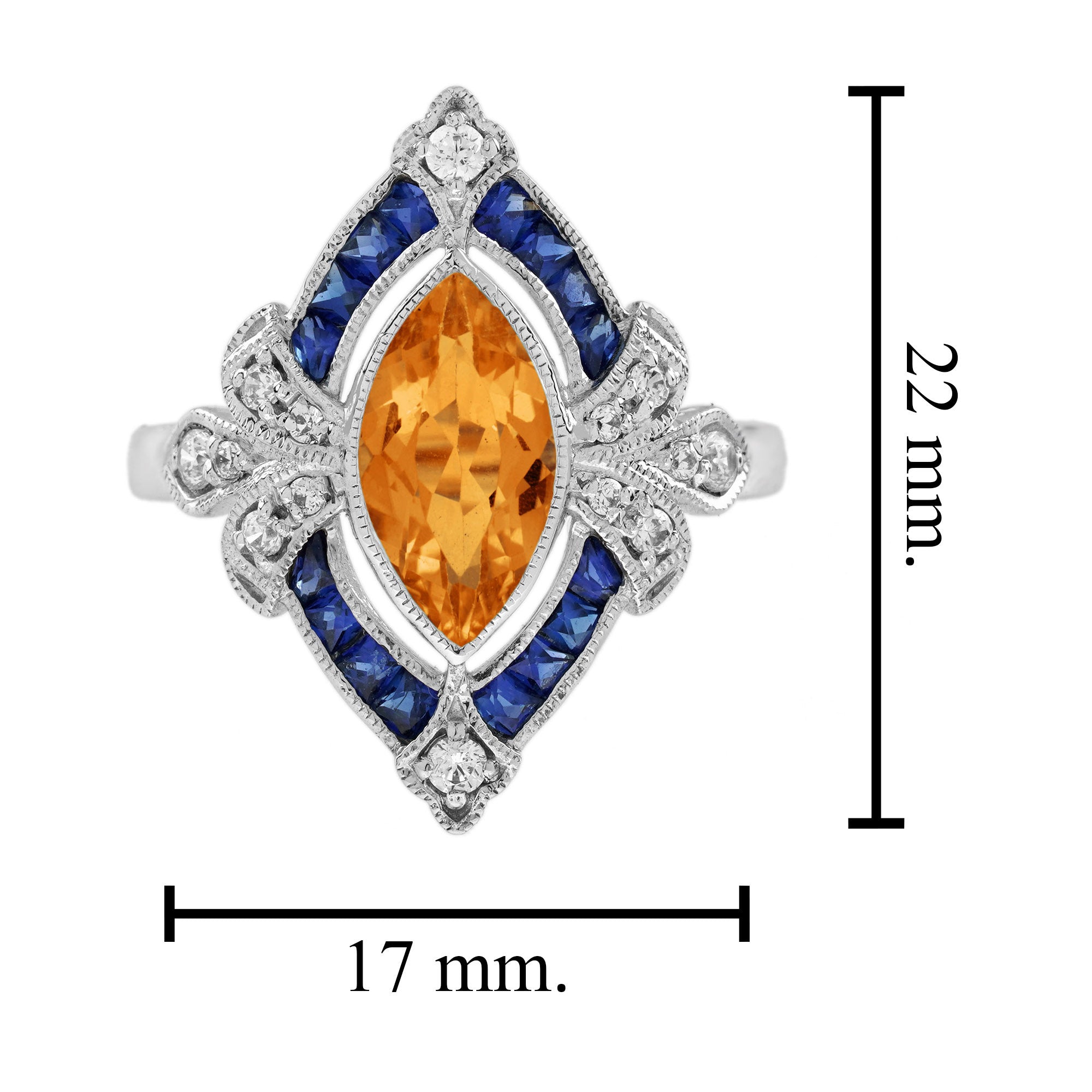 Marquise Orange Citrine & Blue Sapphire Diamond Vintage Style White Gold Ring