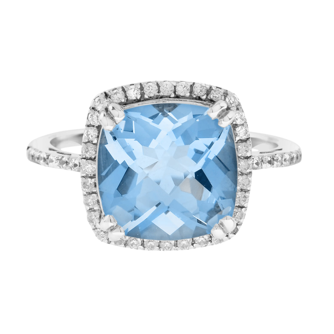 Art Deco Inspired Cushion Cut Blue Topaz & Diamond Halo Set 14K White Gold Ring