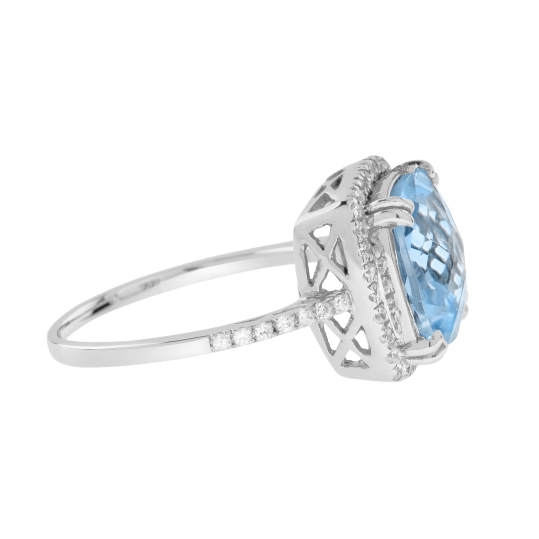 Art Deco Inspired Cushion Cut Blue Topaz & Diamond Halo Set 14K White Gold Ring