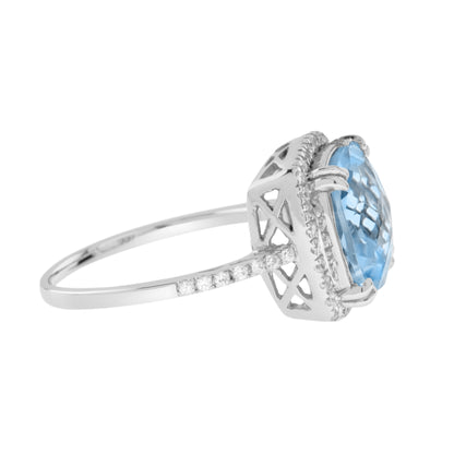 Art Deco Inspired Cushion Cut Blue Topaz & Diamond Halo Set 14K White Gold Ring