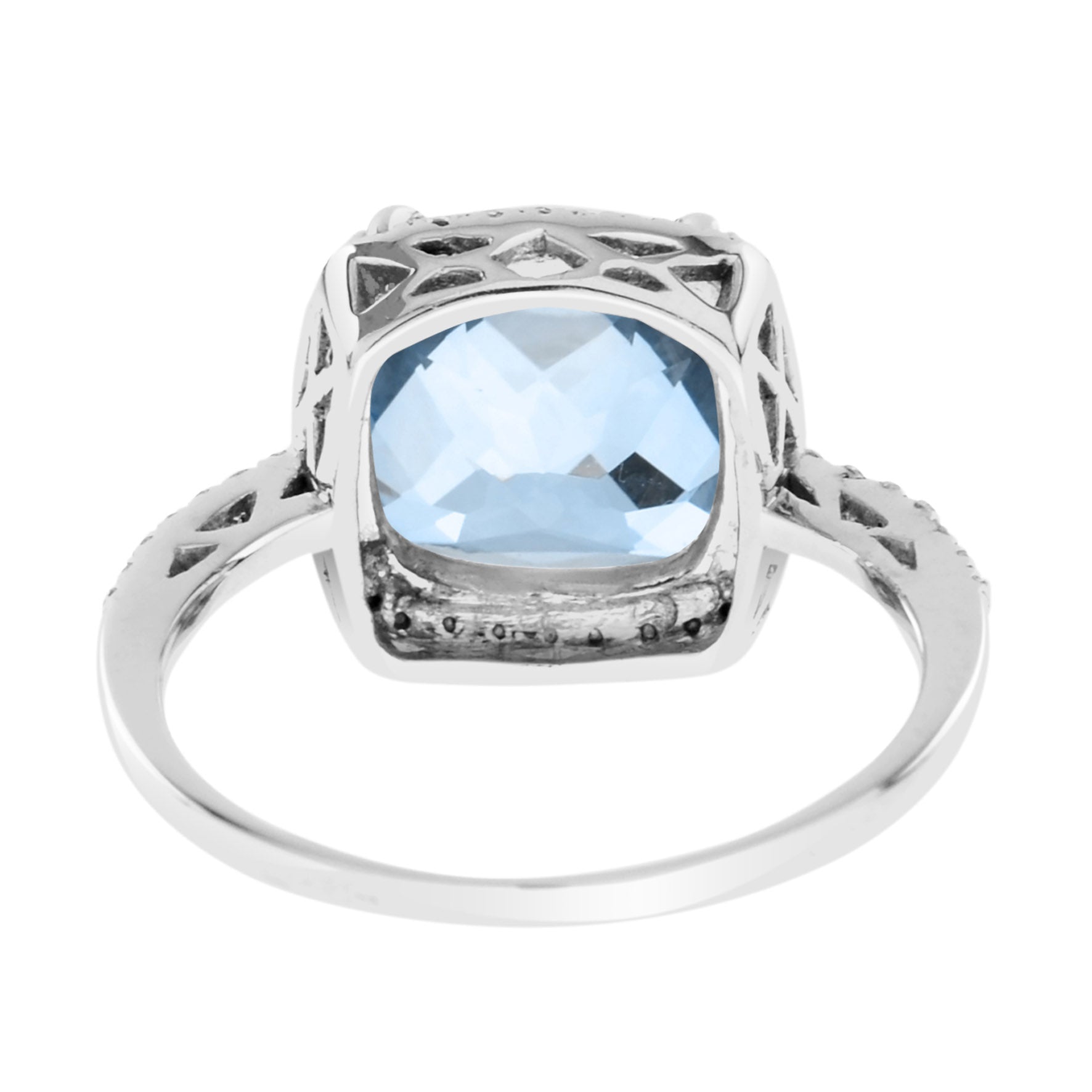 Art Deco Inspired Cushion Cut Blue Topaz & Diamond Halo Set 14K White Gold Ring