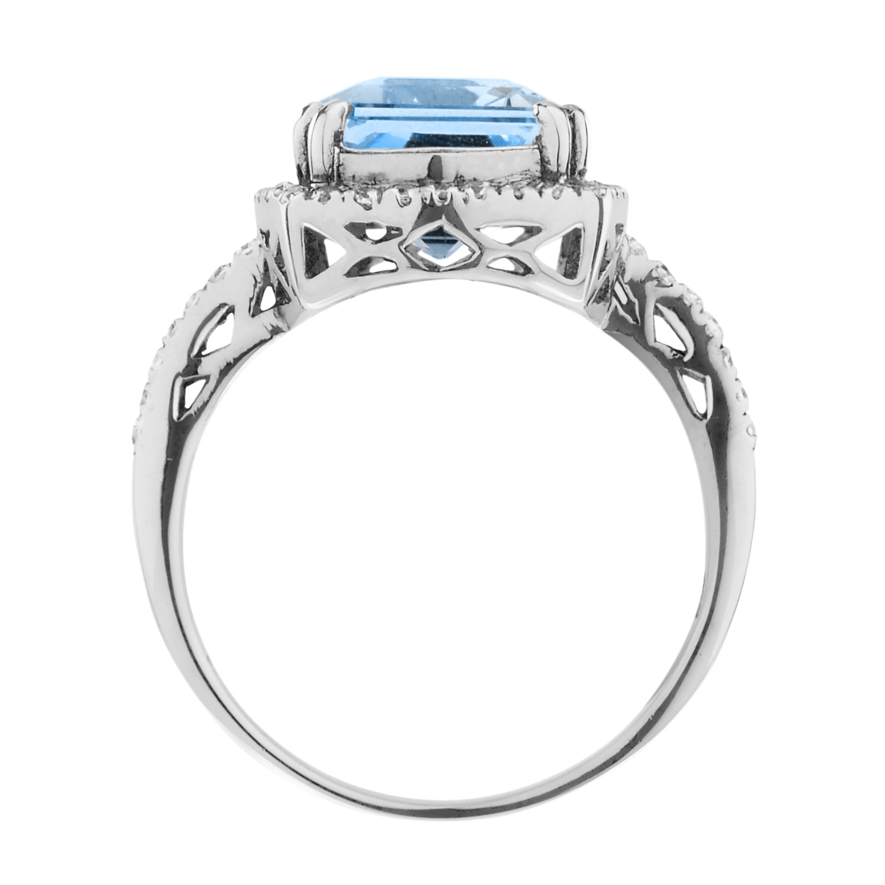 Art Deco Inspired Cushion Cut Blue Topaz & Diamond Halo Set 14K White Gold Ring
