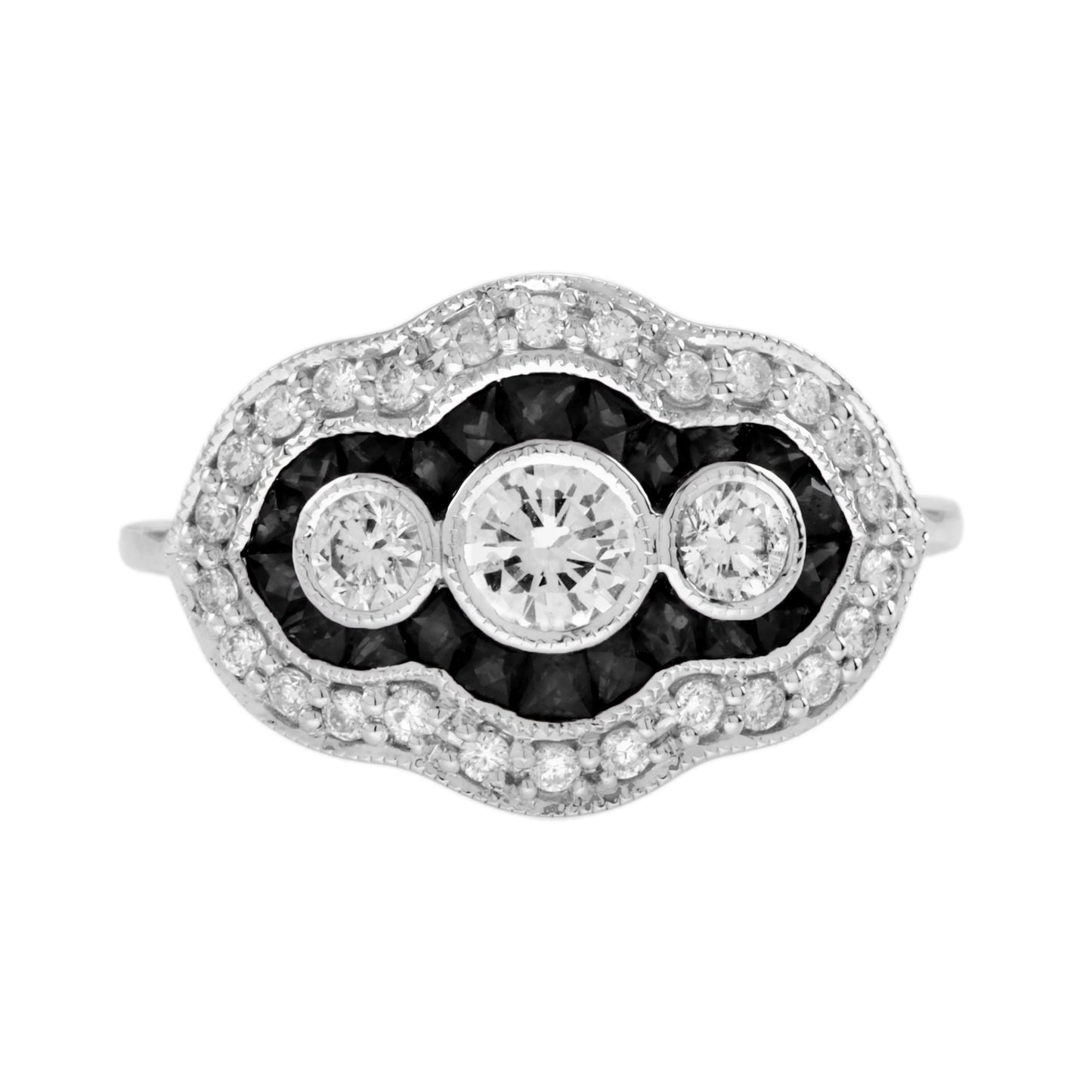 diamond &black onyx art deco style three stone 14k white gold ring