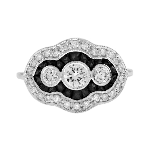 Diamond &Black Onyx Art Deco Style Three Stone 14K White Gold Ring