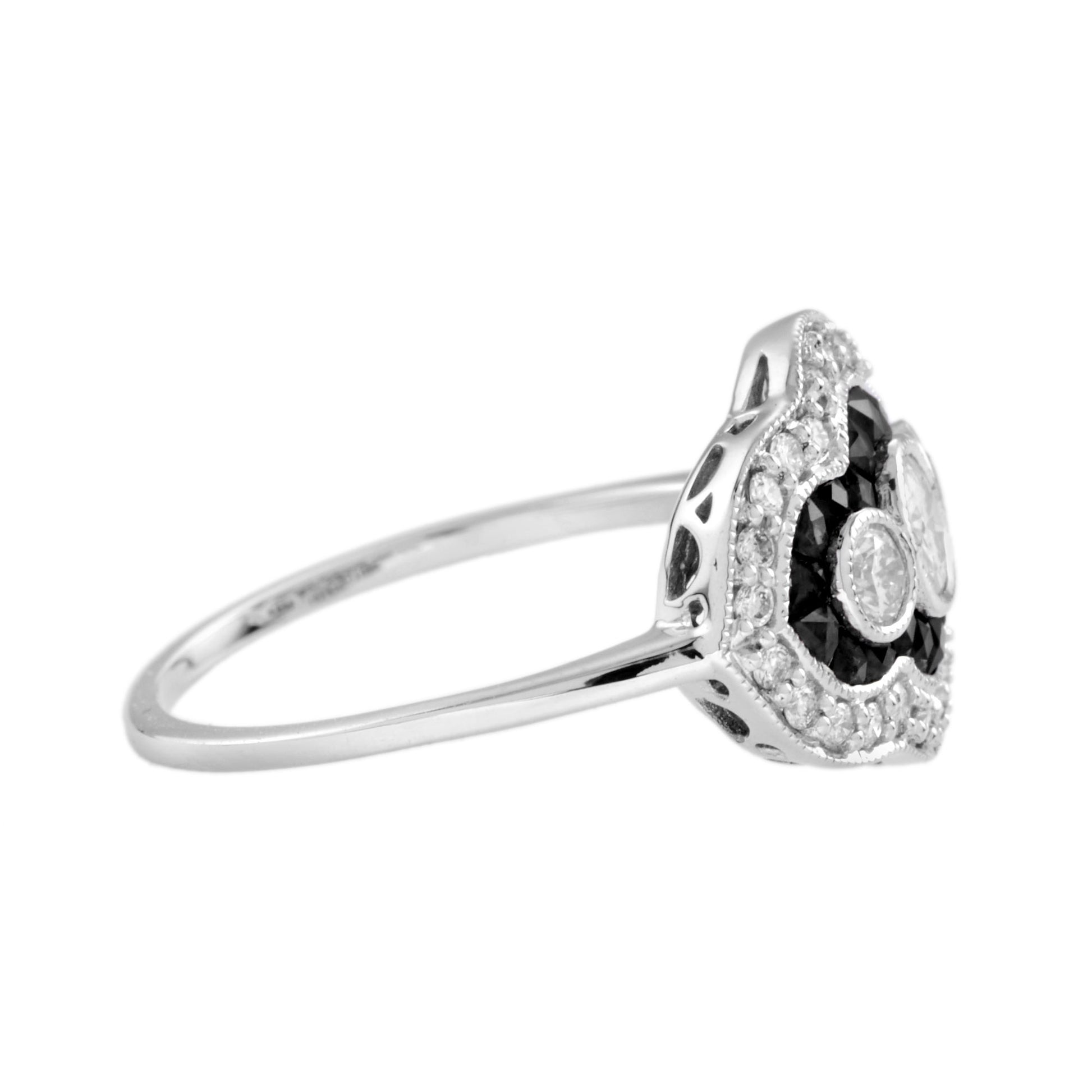 Diamond &Black Onyx Art Deco Style Three Stone 14K White Gold Ring